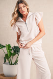 Black Textured Ruffle Sleeve Zipped Top and Wide Leg Pants Set