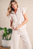 Black Textured Ruffle Sleeve Zipped Top and Wide Leg Pants Set