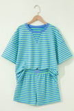 Green Stripe Striped Ribbed Cotton Two-Piece Pant Set with Chest Patch Detail