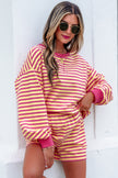 Yellow Stripe Color Block Trim Round Neck Long Sleeve Top Casual Shorts 2pcs Set