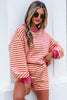 Yellow Stripe Color Block Trim Round Neck Long Sleeve Top Casual Shorts 2pcs Set