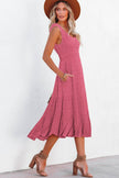 Black Shirred Pleated Square Neck Sleeveless Midi Dress