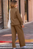 Coffee Solid Color V Neck Top and High Waist Pants Set