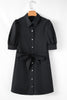 Black Button Up Tie Waist Puff Sleeve Mini Dress