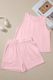 Beige Stitched Detail Loose Tank Top Cotton 2pcs Short Set