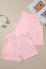 Beige Stitched Detail Loose Tank Top Cotton 2pcs Short Set