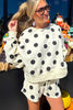 Beige Polka Dot Print Drop Shoulder Pullover Drawstring Shorts Set