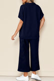 Navy Blue Stylish Textured Loose Fit T Shirt and Drawstring Pants Set