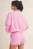 Pink Plaid Checkered Long Sleeve Crop Top Elastic Waist Shorts Two Piece Set