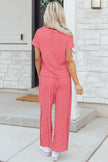 Rose Stripe Crew Neck Tee Drawstring Waist Cropped Pants Set