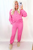 Bright Pink Raw Edge Henley Pullover and Jogger Pants Set