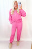 Bright Pink Raw Edge Henley Pullover and Jogger Pants Set