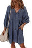 Sail Blue Pleated V Neck 3/4 Sleeve Denim Mini Dress