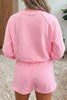Pink Piping Trim Long Sporty Pullover Drawstring Elastic Waist Shorts Set