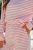 Pink Stripe Drop Shoulder Round Neck Top and Buttoned Straight Pants Two Piece Set
