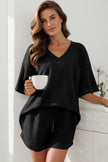 Black Solid Color Waffled V Neck Loose Tee Drawstring Shorts Set