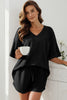Black Solid Color Waffled V Neck Loose Tee Drawstring Shorts Set