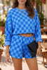 Pink Plaid Checkered Long Sleeve Crop Top Elastic Waist Shorts Two Piece Set