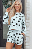 Beige Polka Dot Print Drop Shoulder Pullover Drawstring Shorts Set