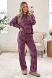 Pink Stripe Casual Long Sleeve Top Drawstring Pant Set
