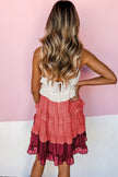 Fiery Red Pink Ombre Swiss Dot Ruffled Tiered Mini Dress