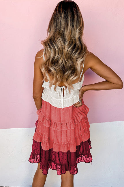Fiery Red Pink Ombre Swiss Dot Ruffled Tiered Mini Dress