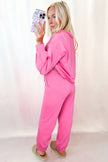 Bright Pink Raw Edge Henley Pullover and Jogger Pants Set