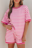 Pink Stripe Contrast Trim Short Sleeve Top Loose Shorts 2pcs Casual Outfit