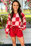 Khaki Checkerboard Plaid Long Sleeve Solid Color Shorts 2pcs Set