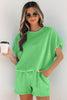 Green Solid Color Puffy Loose Top Drawstring Shorts 2pcs Outfit