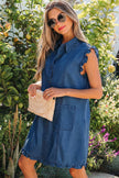 Sail Blue Ruffled Edge Collared Shift Denim Dress with Pockets