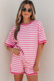 Pink Stripe Contrast Trim Short Sleeve Top Loose Shorts 2pcs Casual Outfit