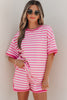 Pink Stripe Contrast Trim Short Sleeve Top Loose Shorts 2pcs Casual Outfit