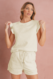 White Plain Bow Jacquard Ruffle Sleeve Shorts Set