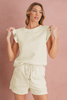 White Plain Bow Jacquard Ruffle Sleeve Shorts Set