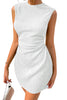 White Solid Color Textured Ruched Side Bodycon Tank Dress