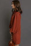 Coffee Solid Shift Long Sleeve Short Length One Piece Dress