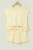 Yellow Cream Solid Color Tee Drawstring Shorts Comfy 2pcs Set