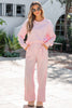 Pink Stripe Drop Shoulder Round Neck Top and Buttoned Straight Pants Two Piece Set