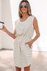 Beige Stripe Drawstring Tunic Tank Mini Dress with Pockets