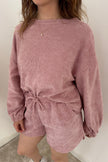 Dark Brown Textured Knit Drop Shoulder Pullover Drawstring Shorts Set
