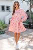 Pink Polka Dot Printed Long Sleeve Flared Mini Dress