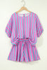 Pink Stripe Dolman Short Sleeve Blouse Drawstring Elastic Waist Loose Short Set