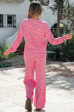 Pink Stripe Drop Shoulder Round Neck Top and Buttoned Straight Pants Two Piece Set