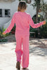 Pink Stripe Drop Shoulder Round Neck Top and Buttoned Straight Pants Two Piece Set
