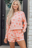 Beige Polka Dot Print Drop Shoulder Pullover Drawstring Shorts Set