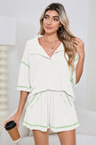 Light Beige-10 Breathable Waffle Color Block Trim 2pcs Casual Short Set