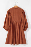 Gold Flame Light Snap Button Empire Waist Lantern Sleeve Corduroy Dress