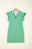 Green Striped Ruffle Short Sleeve Pop of Color Neckline Dress