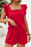 Fiery Red Textured Square Neck Top and Shirred High Waist Shorts Set